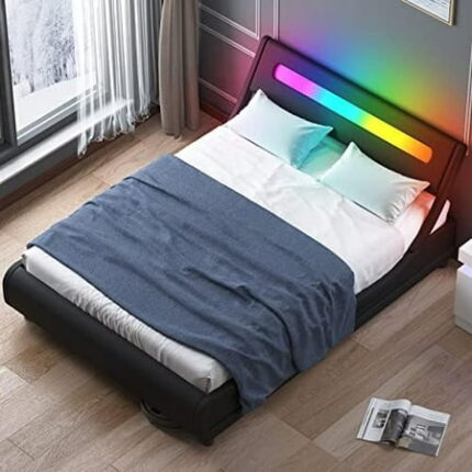 Full Size Bed Frame with RGB LED Headboard Platform with Music Sync Compatible with Alexa or Apps Upholstered Bedframes Adjustable Lighting Effects/App Control/No Box Spring Needed Black