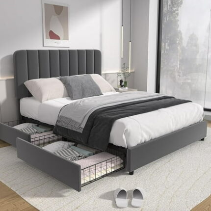 Full Size Upholstered Bed Frame with 4 Drawers and Adjustable Headboard Velvet Platform Storage Bedframe Mattress Foundation Wooden Slats Support No Box Spring Needed Dark Grey