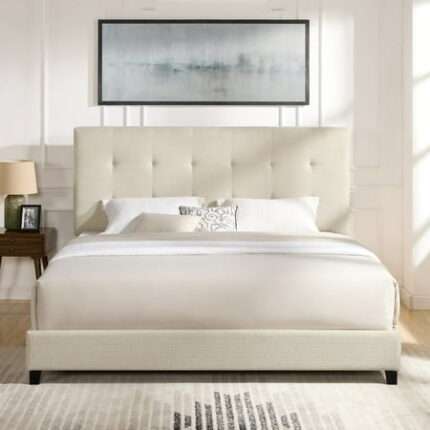 King Size Upholstered Bed Frame Tufted Upholstered Platform Bed Wood Bedframe with Headboard Beige