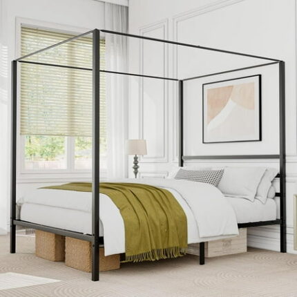 Metal Canopy Bed Frame Queen Size Four Poster Bedframe with Built-in Headboard 14 Inch Platform Mattress Foundation Sturdy Slatted Structure No Box Spring Needed Easy Assembly Black