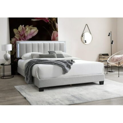 Queen Size Bed Frame Light Gray Wool Fabric 1pc Queen Size Bed Channel Tufting w LED Full Upholstered Bedframe Bedroom Bed King Size Bed Frame