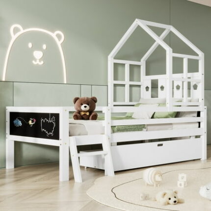 Queen Size Bed Frame Twin Size House Bed with Ladder and Storage Drawers for Kid Bedroom Solid Wood Platfrom Bedframe with 2 Blackboard Design No Box Spring Needed White King Size Bed Frame