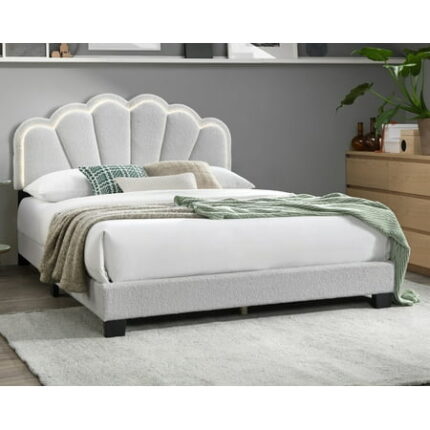 Queen Size Bed Frame White 1pc Queen Size Bed Wool Fabric Floral Design Headboard w LED Fully Upholstered Platform Bedframe King Size Bed Frame