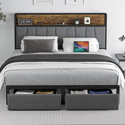 Queen Size Bed Frame with Headboard and Storage Drawers Platform Bed Frame with Storage Chargin Station LED Light Bedframe Heavy Duty No Box Spring Needed