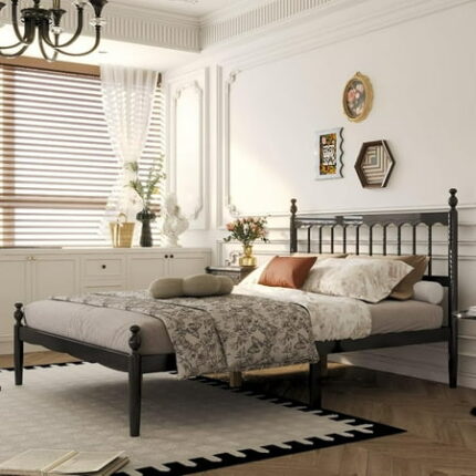 Queen Size Wood Platform Bed Frame Mid-Century Modern Spindle Bedframe with Vintage Headboard Pine Slats No Box Spring Needed for Bedroom Guest Room Black 84.6"L x 61.8"W x 46.4"H