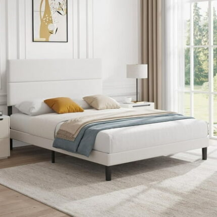 SASYXDC Queen Size Bed Frame Upholstered Platform Bed with Adjustable Headboard Sturdy Bedframe Linen Fabric/Easy Assembly/IYTDJNB Box Spring Needed/Noise-Free/Cream
