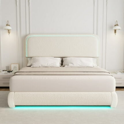 SIBEDS Full LED Bed Frame Teddy Fleece Upholstered Platform Bedframe No Box Spring Needed Cream