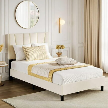 Studyset Twin/Full/Queen/King Size Platform Bed Frame with Adjustable Headboard Linen Upholstered Twin Platform Bedframe with Strong Wooden Slats Mattress Foundation No Box Spring Needed
