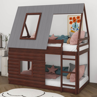 Twin Over Twin Wood House Bunk Bed With Roof Ladder And 2 Windows, Floor Bedframe Low Bed Frame For Boys Girls Kids Teens