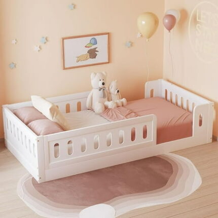 Twin Size Floor Bed Frame with Safety Fence Wood Playhouse Bedframe Floor Bed Twin Montessori Bed Frame for Kids Girls Boys Bedroom Playroom No Box Spring Needed White