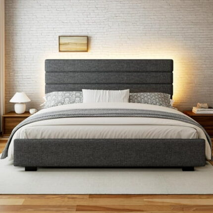 Upholstered Bed Frame King Size with Linen Headboard King Platform Bed Frame with LED Lights Bedframe with Footboard Box Spring Needed Dark Gray