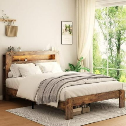 Wooden Bed Frame Full Size with Storage Headboard Farmhouse Platform Bedframe with Bookcase Shelf & Led Lights Sturdy Wood Slat Framework Bed Frame (Rustic Brown)