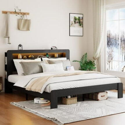 Wooden Bed Frame King Size with Storage Headboard Farmhouse Platform Bedframe with Bookcase Shelf & Led Lights Sturdy Wood Slat Framework Bed Frame (Classic Black)