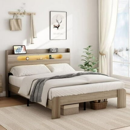 Wooden Bed Frame Queen Size with Headboard Rustic Farmhouse Platform Bedframe with Wood Slat Support Sturdy and No Noise Easy Assembly No Box Spring Needed (Light Brown Led)