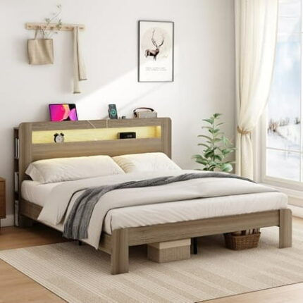 Wooden Bed Frame Queen Size with Headboard & Storage Bookshelf Farmhouse Platform Led Bedframe with Wood Slat Support Sturdy & Easy Assembly (Light Brown)