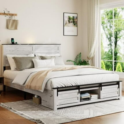 Wooden Full Size Bed Frame with Headboard Boho White Farmhouse Storage Bedframe with Sliding Barn Door Footboard and Charging Station Solid Wood Slats No Box Spring Needed