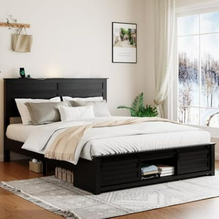 Wooden Full Size Bed Frame with Headboard Classic Black Farmhouse Storage Bedframe with Sliding Barn Door Footboard and Charging Station Solid Wood Slats No Box Spring Needed