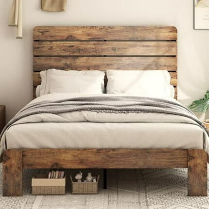 Wooden King Size Bed Frame with Headboard Rustic Farmhouse Platform Bedframe with Wood Slat Support Sturdy and No Noise Easy Assembly No Box Spring Needed Light Brown
