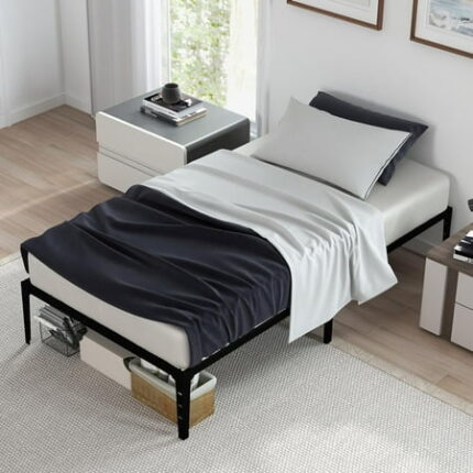 14 inch Twin Bed Frames Matte Black Platform Metal Bed Frame Wrought Rod Bedframe No Box Spring Needed Base Beds Foundation Easy Assembly Storage Space Under Beds (Twin Size)