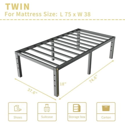 18 Inch Metal Twin Bed Frame - Black Basic Steel Slats Platform Easy Assembly Heavy Duty Noise Free Bedframes No Box Spring Needed