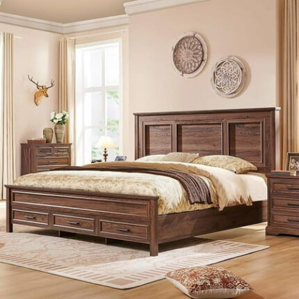 ACCOHOHO Rustic King Size Bed Frame with 52 Tall Full-Panel Headboard Wood Platform Bedframe with Footboard and Storage Drawers No Squeak No Box Spring Needed Brown