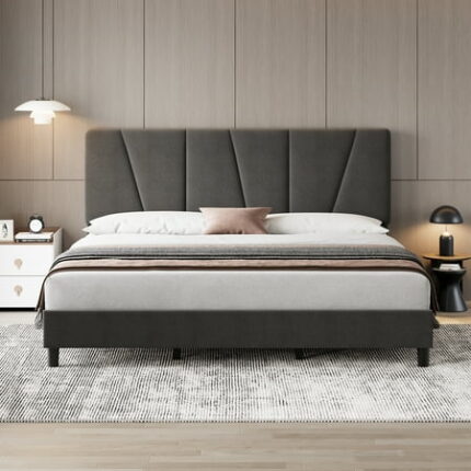 Accreate King Bed Frame with Adjustable Headboard Linen Upholstered Platform Bedframe with Strong Wooden Slats Mattress Foundation Grey