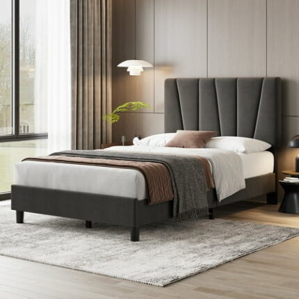 Accreate Twin Bed Frame with Adjustable Headboard Linen Upholstered Platform Bedframe with Strong Wooden Slats Mattress Foundation Grey