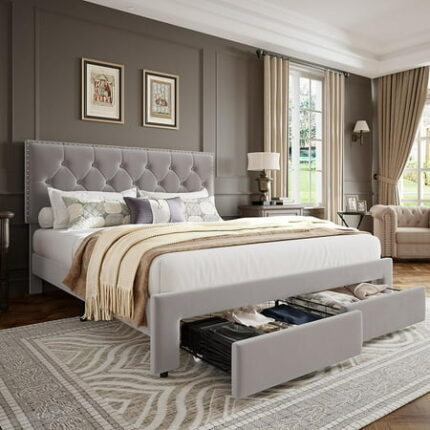 Ataucjin Full Size Bed Frame with 2 Storage Drawers Vintage Velvet Upholstered Bedframe with Wooden Slat Support and Button Tufted Wingback Headboard No Box Spring Needed Noise Free
