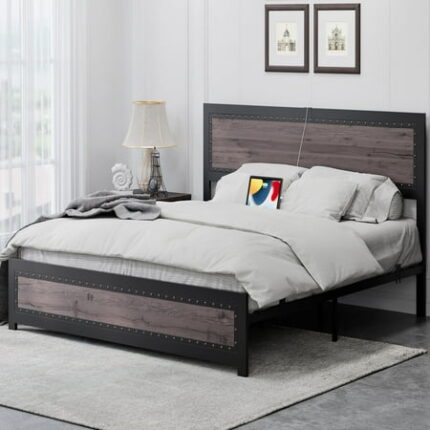 Ataucjin Metal Bed Frame with Headboard and Footboard Full-Size Bedframe Headboard and Footboard with Rivets Heavy Duty Metal Platform Bed Frame 10.8 Under Bed Storage Easy Assembly
