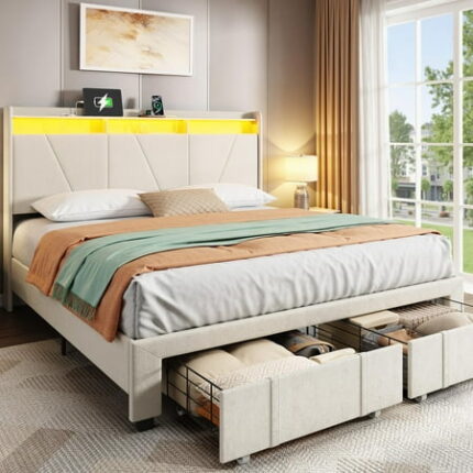 BedsPick King Size Bed Frame with 2-Tier Headboard and Charging Station Velvet Platform King Bed Frame with Storage Drawers and LED Lights Wood Slats Support Bedframe No Box Spring Needed Beige