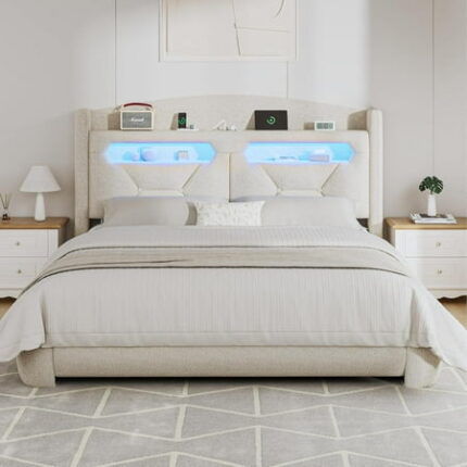 Boucle Bed Frame Queen Size with Headboard Upholstered Platform Bed Frames with Storage Charging Station LED Lights Soft Thickened Board Bedframe Easy Assembly White
