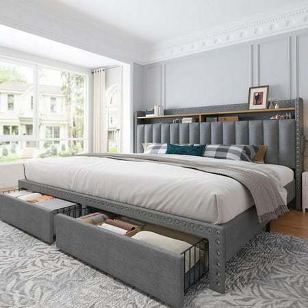 [Brand Select] Raybee Furniture Bed Frame with 2 Drawers MATTRESS NOT INCLUDED Bedframe with Headboard and Storage Upholstered Bed Frame with Storage No Mattress NO Noise No Box Spring Needed