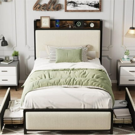Danolapsi Twin Size Bed Frame with 2 Storage Drawers and Charging Station Rustic Velvet Upholstered Platform Bedframe with Storage Headboard No Box Spring Needed Easy Assembly Noise Free