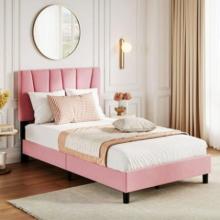 Danolapsi Twin Size Bed Frame with Adjustable Headboard Velvet Upholstered Tufted Twin Platform Bedframe with Strong Wooden Slats Mattress Foundation No Box Spring Needed Easy Assembly