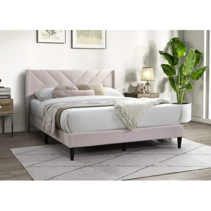 Elegant Modern Light Pink Velvet Upholstered Queen Size Bed Clean Lines Design Headboard 1Pc Bedframe Box Spring Not Required Queen Light Pink Wood Bedroom Contemporary Modern Bed Frame Velvet