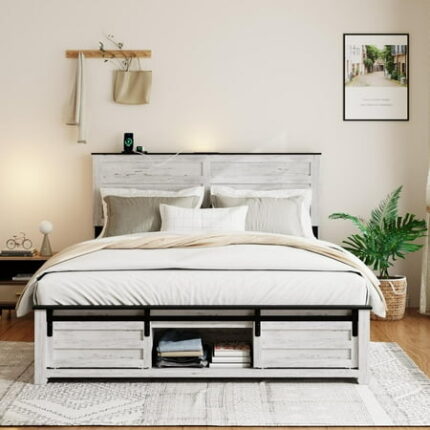 FSTAR Full Size Wooden Bed Frame with Headboard Boho Bedframe with Sliding Barn Door Storage Footboard and Charging Station Solid Wood Slats No Box Spring Needed White