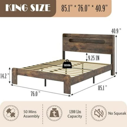 FSTAR Wooden King Size Bed Frame with Storage Headboard Farmhouse Bedframe with Charging Station & Led Lights Wood Slats Support No Box Spring Needed Rustic