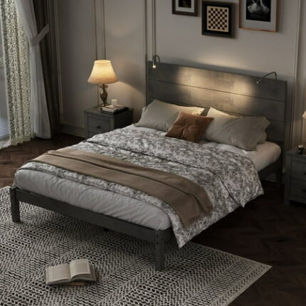 Farmhouse Full Size Bed Platform Bedframe with 2 Bedside Lights and Headboard Wooden Bed Frame for Bedroom Easy Assembly No Box Spring Needed Antique Gray