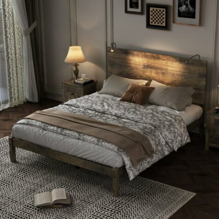 Farmhouse Full Size Bed Platform Bedframe with 2 Bedside Lights and Headboard Wooden Bed Frame for Bedroom Easy Assembly No Box Spring Needed Walnut