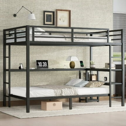 Full Over Twin Bunk Bed Frame with Charging Station and Desk Heavy Duty Metal Beds Frame with Shelves and LED Light Multiple Placement Bedframe for Bedroom Mattress Not Included Black