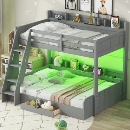 Full Over Twin Bunk Bed Frame with Charging Station and LED Lights Wooden Beds Frame with Storage Shelves and Drawer Modern Bedframe with Guardrail and Ladder Mattress Not Included Gray