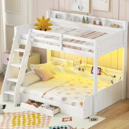 Full Over Twin Bunk Bed Frame with Charging Station and LED Lights Wooden Beds Frame with Storage Shelves and Drawer Modern Bedframe with Guardrail and Ladder Mattress Not Included White