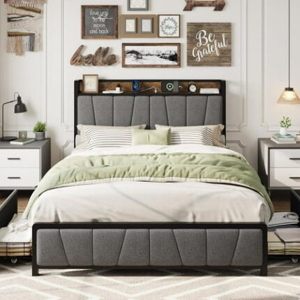 Full Size Bed Frame with 2 Storage Drawers and Charging Station Rustic Linen Upholstered Platform Bedframe with Storage Headboard Heavy Duty No Box Spring Needed Easy Assembly Noise Free Grey
