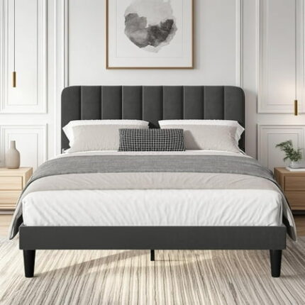 Full Size Bed Frame with Upholstered Headboard Velvet Platform Bedframe Mattress Foundation Strong Wood Slat Support No Box Spring Needed Dark Grey