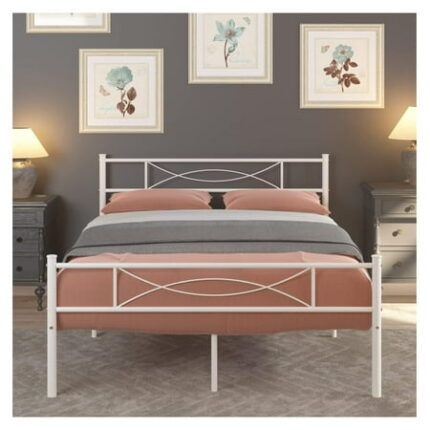 Full Size Bedframe Metal Bed Frame with Headboard and Footboard Mattress Foundation Support Platform Bed No Box Spring Needed Popular Style White