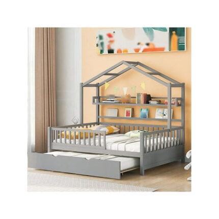 Full Size House Bed Full Size House Bed Frame With Drawers & Storage Shelves Twin Size House Bed With Roof Design 57.8 W Solid Wood Low Platform Bedframe With Fence & Trundle