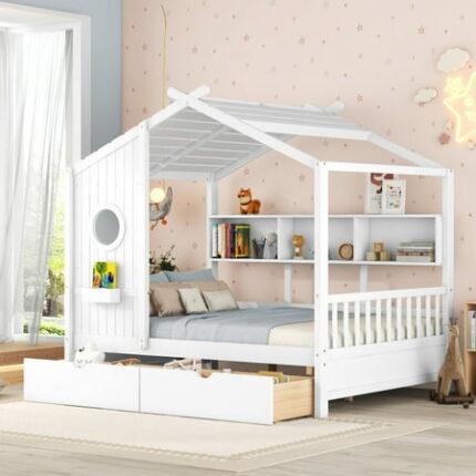 Full Size House Bed with 2 Drawers and Storage Shelves Wooden House Platform Bed Frame with Roof and Window Full Low House Bedframe for Boys Girls Teens Bedroom White