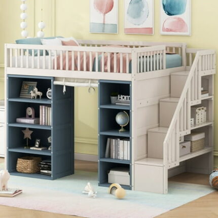 Full Size Loft Bed Bed Frame with 2 Four-layer Storage Cabinets and Curtain Bedframe with Stairs and Guardrail White+Blue
