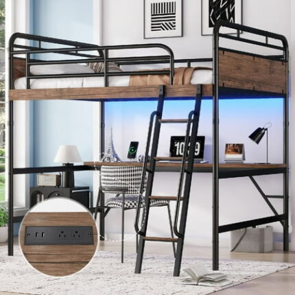 Full Size Loft Bed Frame with Charging Station and Desk Metal Loft Beds Frame with LED Light Heavy Duty Bedframe with Safety Guard & Ladder Easy Assembly Mattress Not Included Black
