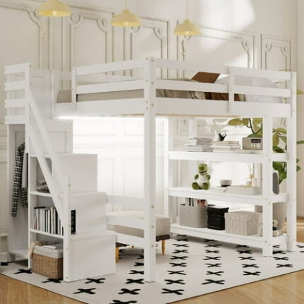 Full Size Loft Bed Frame with White LED Light and Small Wardrobe Wooden Bed Frame with Storage Staircase and Shelves Loft Bedframe with Safety Guardrail Mattress Not Included White
